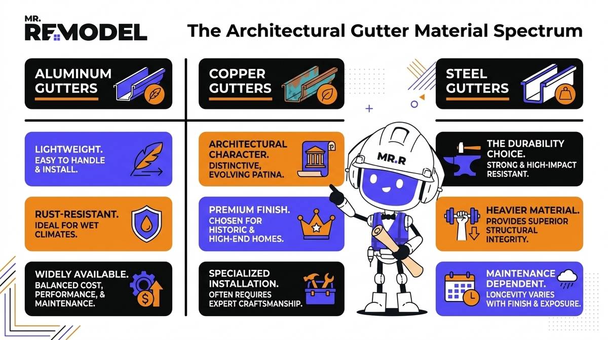 A 2026 gutter material comparison infographic detailing the practical benefits of aluminum (rust-resistance), copper (distinctive finish), and steel (high-impact strength).